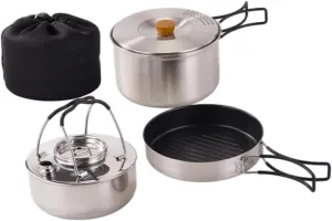 Camping Mess Kit Frying Pan with Storage Pouch Equipment Folding Handle 1.5L Kettle Outdoor Cookware for Backpacking Outdoor