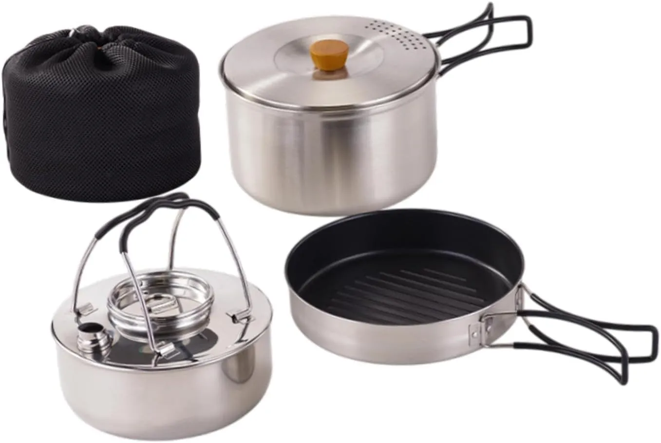 Camping Mess Kit Frying Pan with Storage Pouch Equipment Folding Handle 1.5L Kettle Outdoor Cookware for Backpacking Outdoor