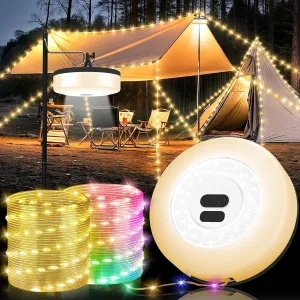 Camping String Lights, 4 in 1 Quick Storage Camping Essentials Gear 32.8FT Rechargeable Tent Lights with 9 Modes Hanging Waterproof LED Camp Lamp for Camping Hiking Patio Garden Festival -Warm  RGB
