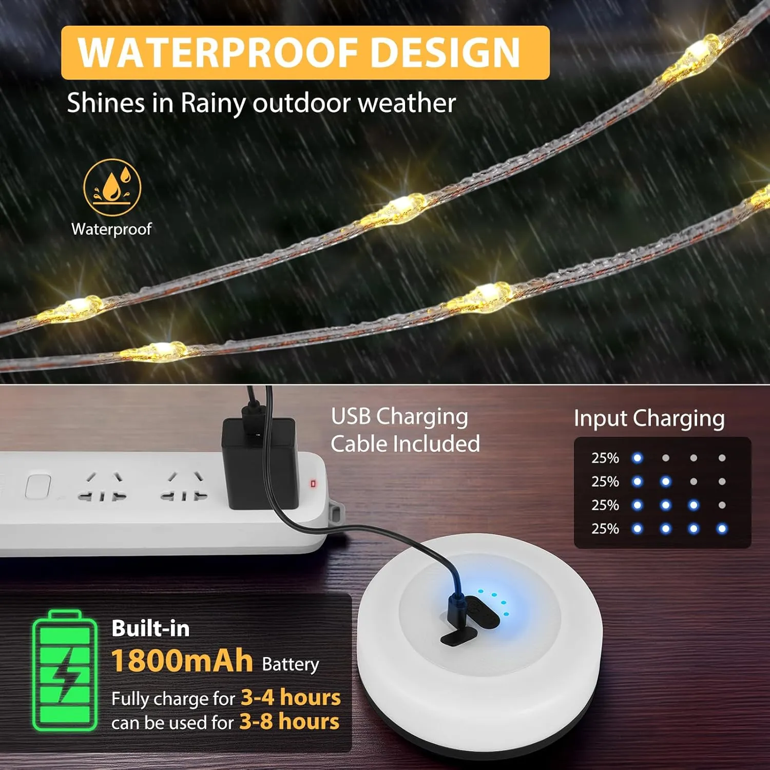 Camping String Lights, 4 in 1 Quick Storage Camping Essentials Gear 32.8FT Rechargeable Tent Lights with 9 Modes Hanging Waterproof LED Camp Lamp for Camping Hiking Patio Garden Festival -Warm  RGB