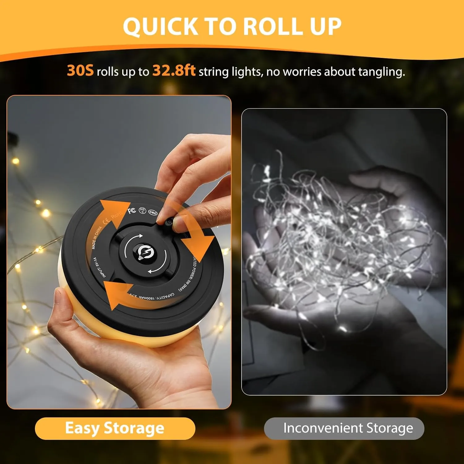 Camping String Lights, 4 in 1 Quick Storage Camping Essentials Gear 32.8FT Rechargeable Tent Lights with 9 Modes Hanging Waterproof LED Camp Lamp for Camping Hiking Patio Garden Festival -Warm  RGB