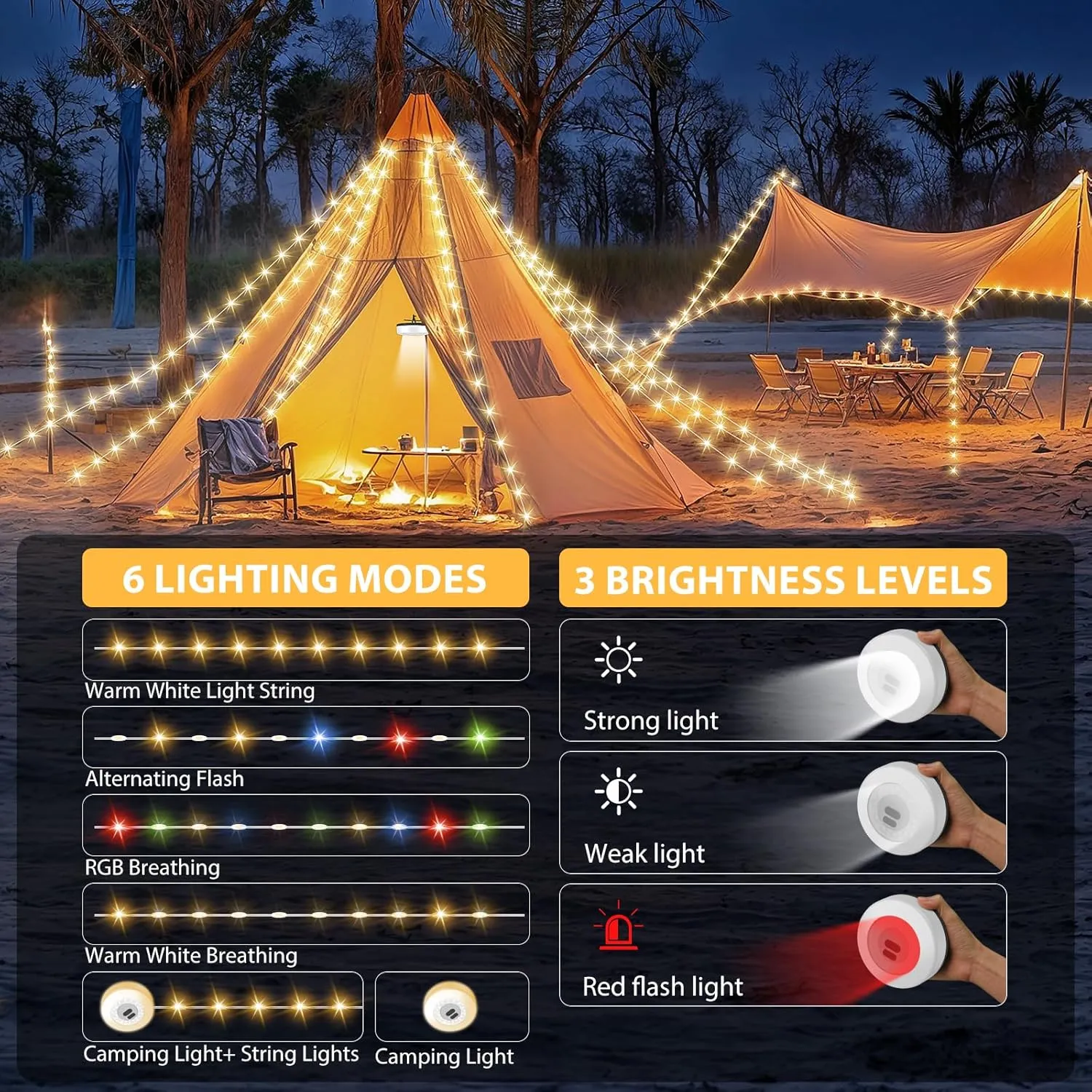 Camping String Lights, 4 in 1 Quick Storage Camping Essentials Gear 32.8FT Rechargeable Tent Lights with 9 Modes Hanging Waterproof LED Camp Lamp for Camping Hiking Patio Garden Festival -Warm  RGB