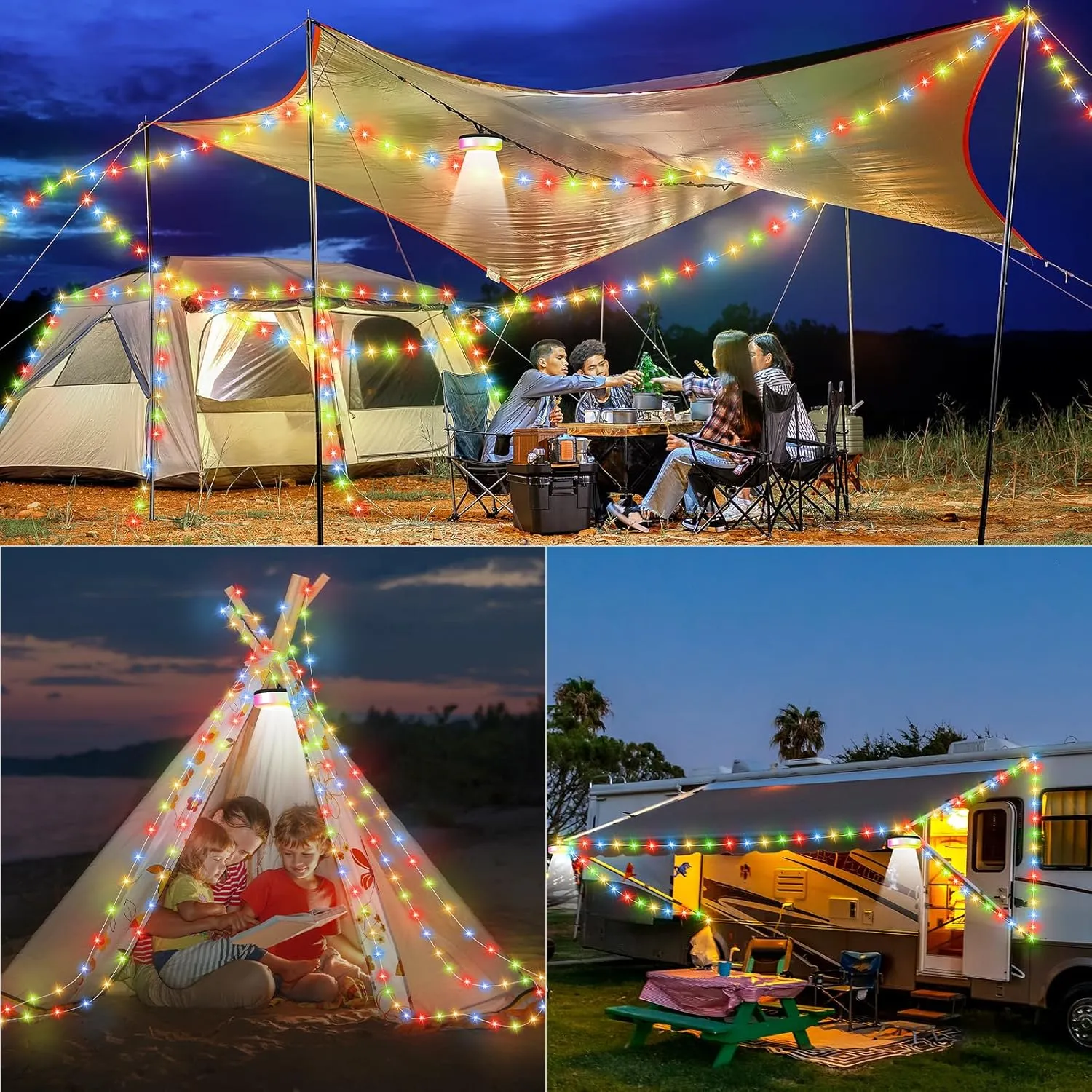 Camping String Lights, 4 in 1 Quick Storage Camping Essentials Gear 32.8FT Rechargeable Tent Lights with 9 Modes Hanging Waterproof LED Camp Lamp for Camping Hiking Patio Garden Festival -Warm  RGB