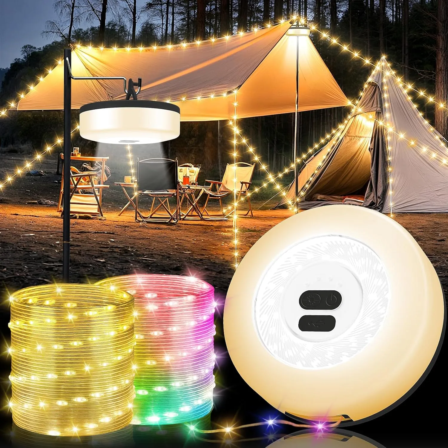 Camping String Lights, 4 in 1 Quick Storage Camping Essentials Gear 32.8FT Rechargeable Tent Lights with 9 Modes Hanging Waterproof LED Camp Lamp for Camping Hiking Patio Garden Festival -Warm  RGB