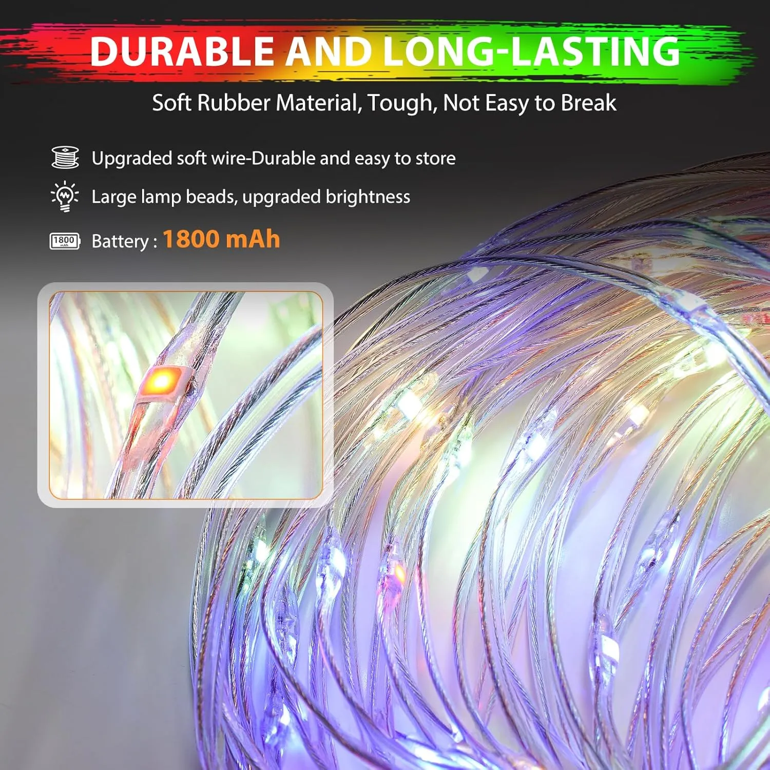 Camping String Lights, 4 in 1 Quick Storage Camping Essentials Gear 32.8FT Rechargeable Tent Lights with 9 Modes Hanging Waterproof LED Camp Lamp for Camping Hiking Patio Garden Festival -Warm  RGB