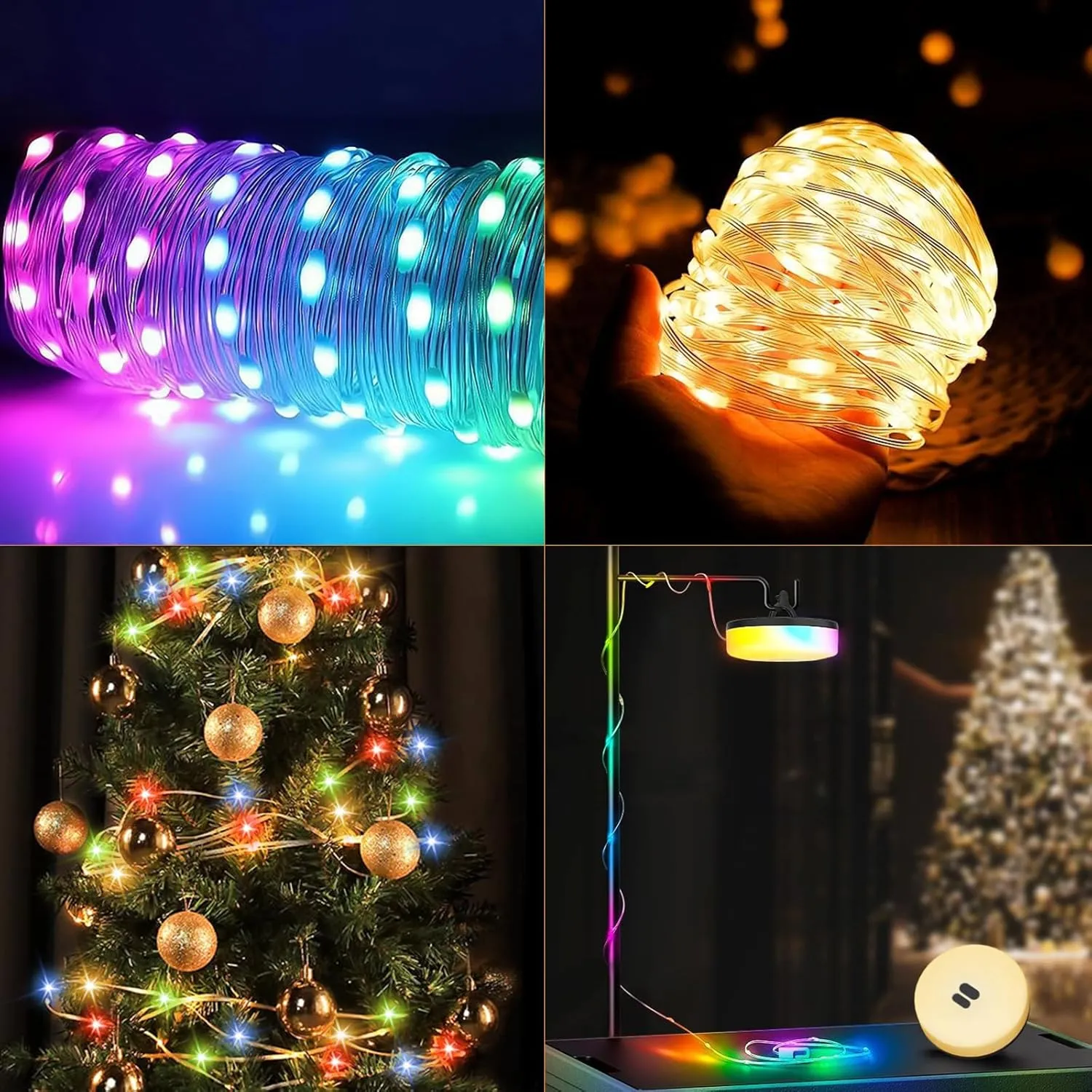 Camping String Lights, 4 in 1 Quick Storage Camping Essentials Gear 32.8FT Rechargeable Tent Lights with 9 Modes Hanging Waterproof LED Camp Lamp for Camping Hiking Patio Garden Festival -Warm  RGB