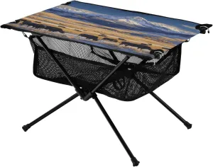 Camping Table Lightweight Portable Folding Table with Mesh Storage Net Black Angus Cattle Snow Mountain Ideal for Camping Hiking Beach Picnic Travel Backyard