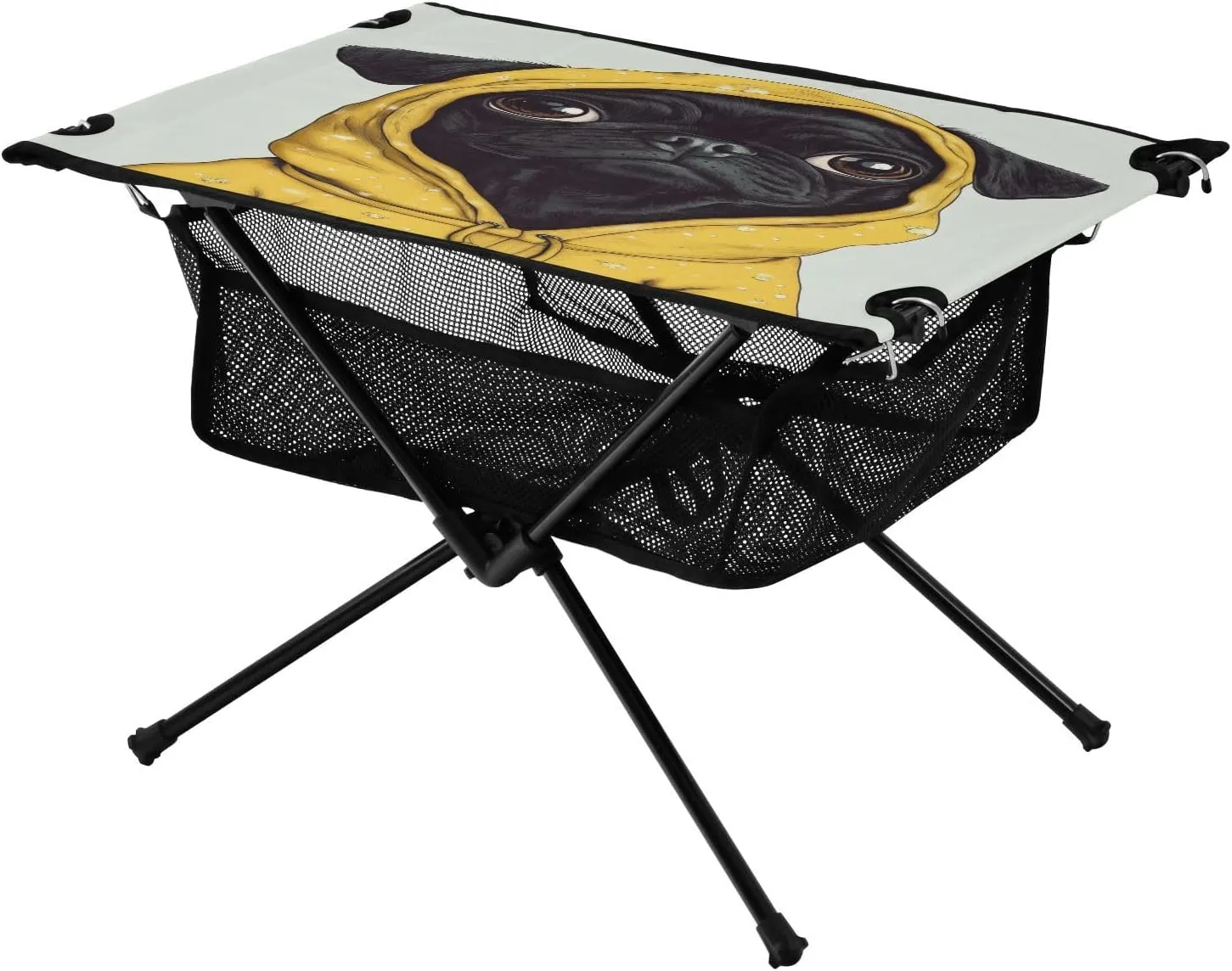 Camping Table Lightweight Portable Folding Table with Mesh Storage Net Black Pug Dog Ideal for Camping Hiking Beach Picnic Travel Backyard
