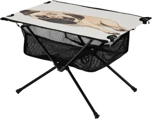 Camping Table Lightweight Portable Folding Table with Mesh Storage Net Pug Dog Ideal for Camping Hiking Beach Picnic Travel Backyard