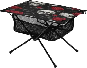 Camping Table Lightweight Portable Folding Table with Mesh Storage Net Red Rose Skull Black Ideal for Camping Hiking Beach Picnic Travel Backyard
