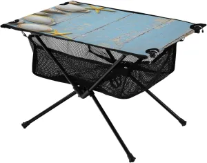 Camping Table Lightweight Portable Folding Table with Mesh Storage Net Shell Blue Wood Grain Ideal for Camping Hiking Beach Picnic Travel Backyard