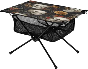 Camping Table Lightweight Portable Folding Table with Mesh Storage Net Skull Flowers Ideal for Camping Hiking Beach Picnic Travel Backyard