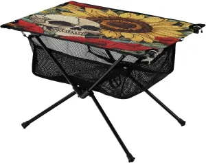 Camping Table Lightweight Portable Folding Table with Mesh Storage Net Skull Sunflower Ideal for Camping Hiking Beach Picnic Travel Backyard