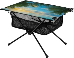 Camping Table Lightweight Portable Folding Table with Mesh Storage Net Tree Palm Leaf Sunlight Ideal for Camping Hiking Beach Picnic Travel Backyard