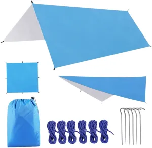 Camping Tarp, 10x10ft Waterproof Lightweight Hammock Rain Fly Sunshade, Multipurpose Silver Coated Survival Tarp for Camping, Hiking and Outdoor Activities