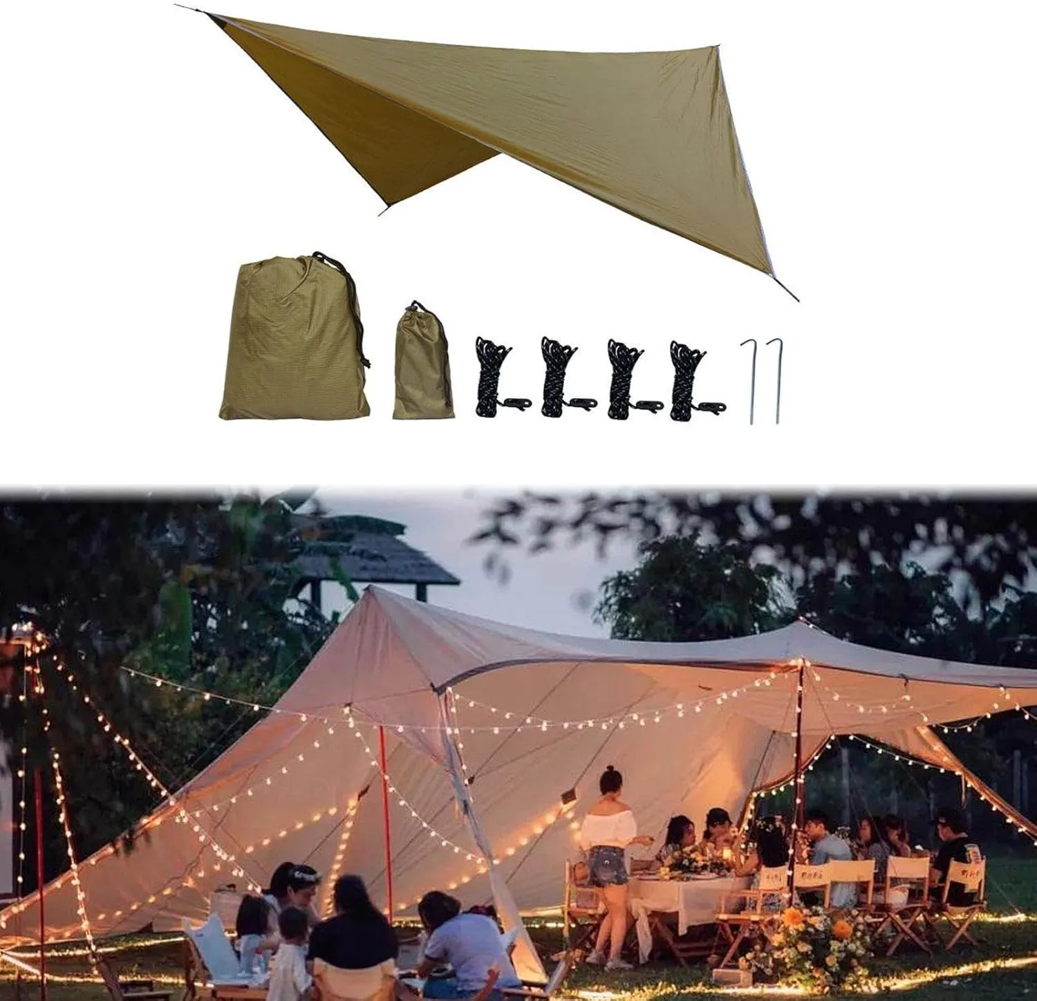 Camping Tarp Camping Canopy Multifunctional Lightweight Sun Protection Hammock Canopy Tent Tarp Awning for Travel Yard Picnic, Khaki