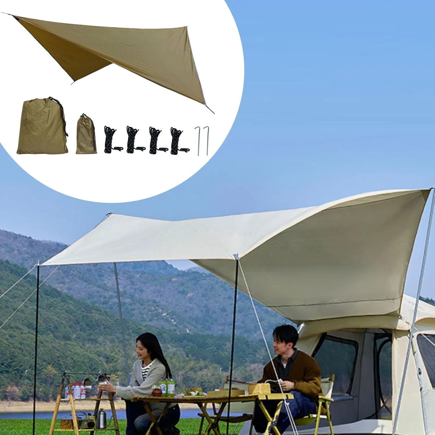 Camping Tarp Camping Canopy Multifunctional Lightweight Sun Protection Hammock Canopy Tent Tarp Awning for Travel Yard Picnic, Khaki