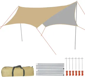 Camping tarp Waterproof, 15x15ft Beige Portable Hammock Tarp, Multifunctional Backpacking Tarp with Accessories kit, PU 3000mm, Ultralight Camping Shelter Canopy for Outdoor,Traveling, Hilking