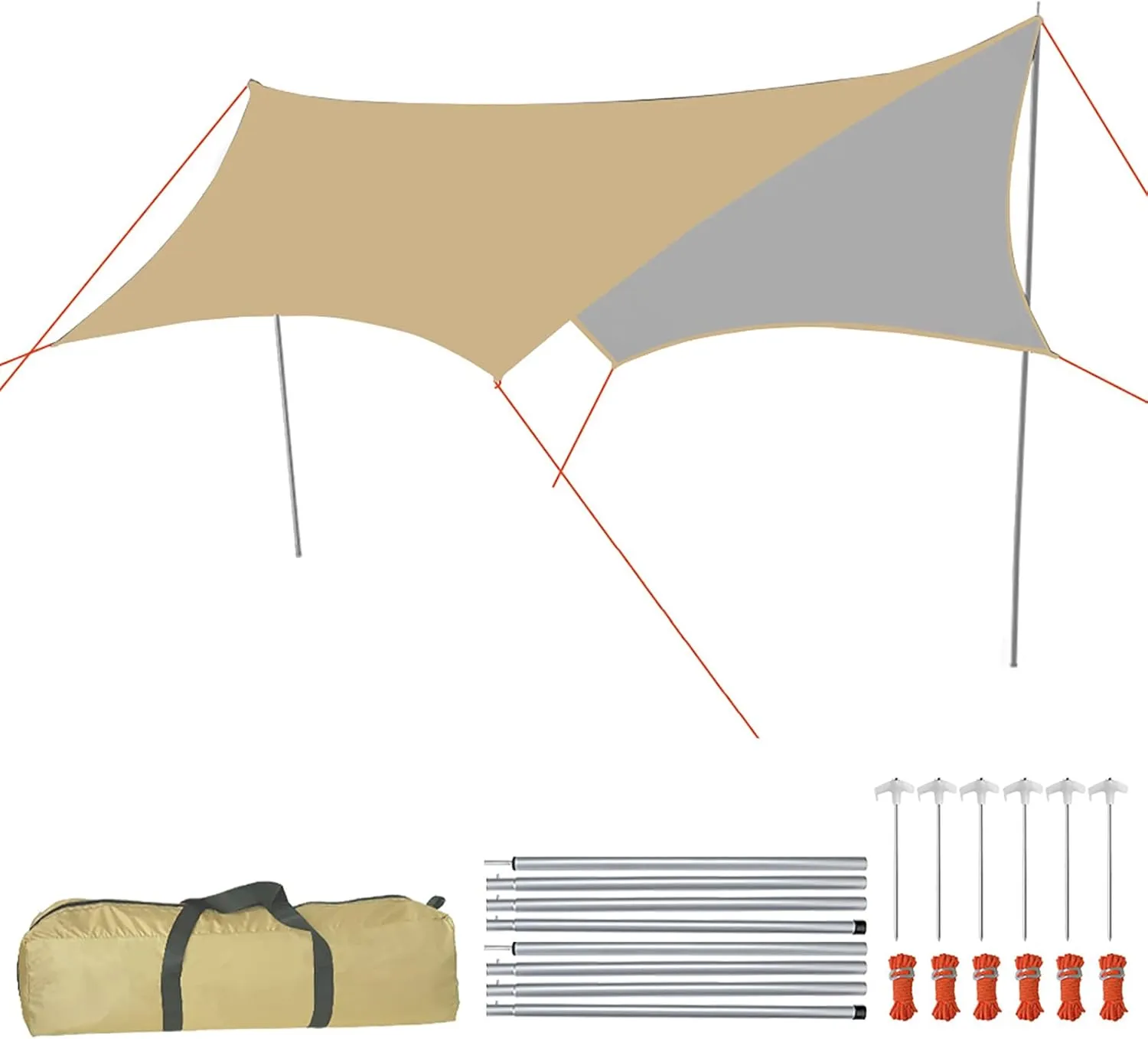 Camping tarp Waterproof, 15x15ft Beige Portable Hammock Tarp, Multifunctional Backpacking Tarp with Accessories kit, PU 3000mm, Ultralight Camping Shelter Canopy for Outdoor,Traveling, Hilking