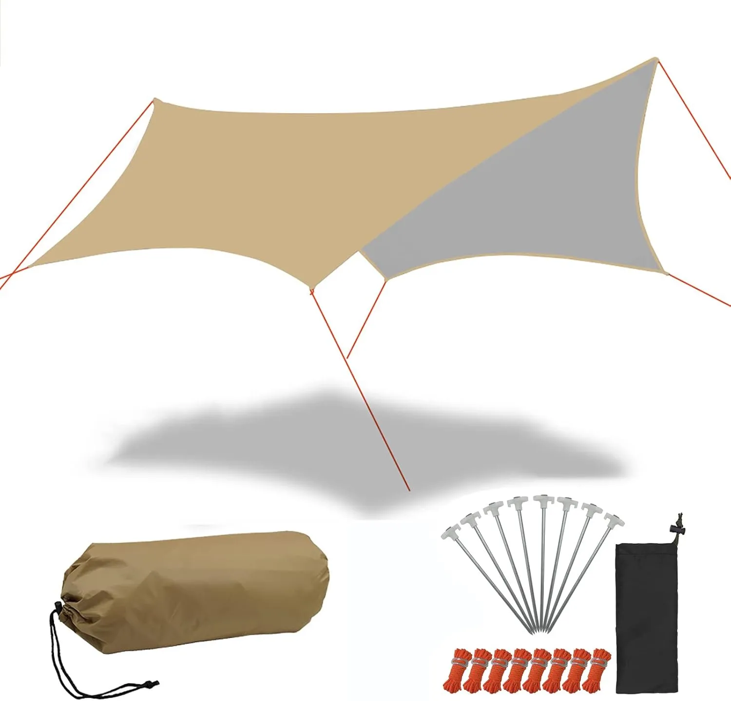 Camping Tarp Waterproof 15x15ft, Lightweight and Portable Hammock Tarp, Accessories Tarp with Tent Stakes and Wind Ropes, Survival Shelter for Outdoor Camping, Hiking & Backpacking - Beige