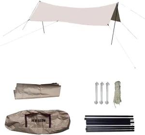 Camping Tarp with Poles Waterproof Car Awning Canopy Tent Tarp for Outdoor, Traveling, Hilking, Potluck (Light Brown,9.8×13ft)