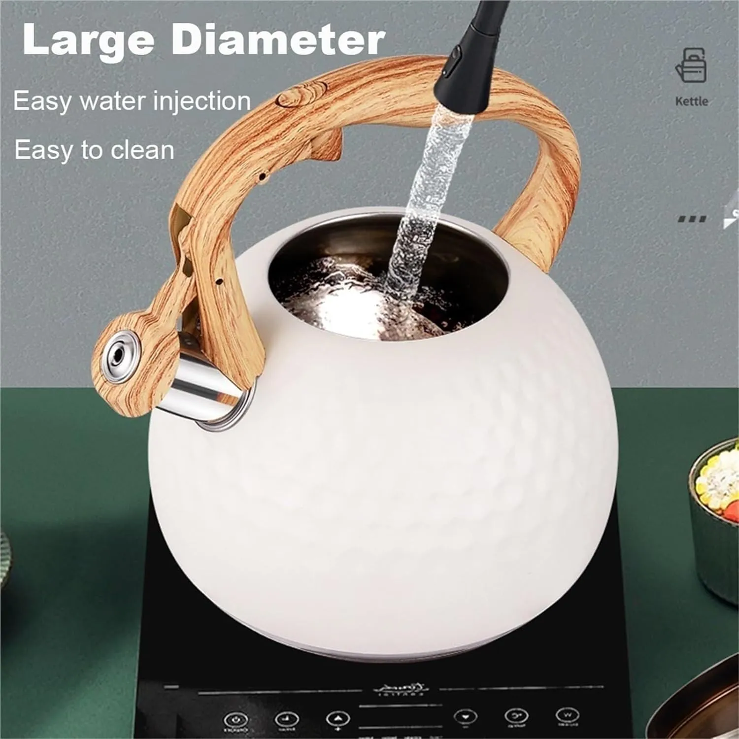 Camping Teapot, Stainless Steel Whistle Tea Pot for Induction Stove Top, Fast to Boil Water for Home Kitchen, with Wood Pattern Handle