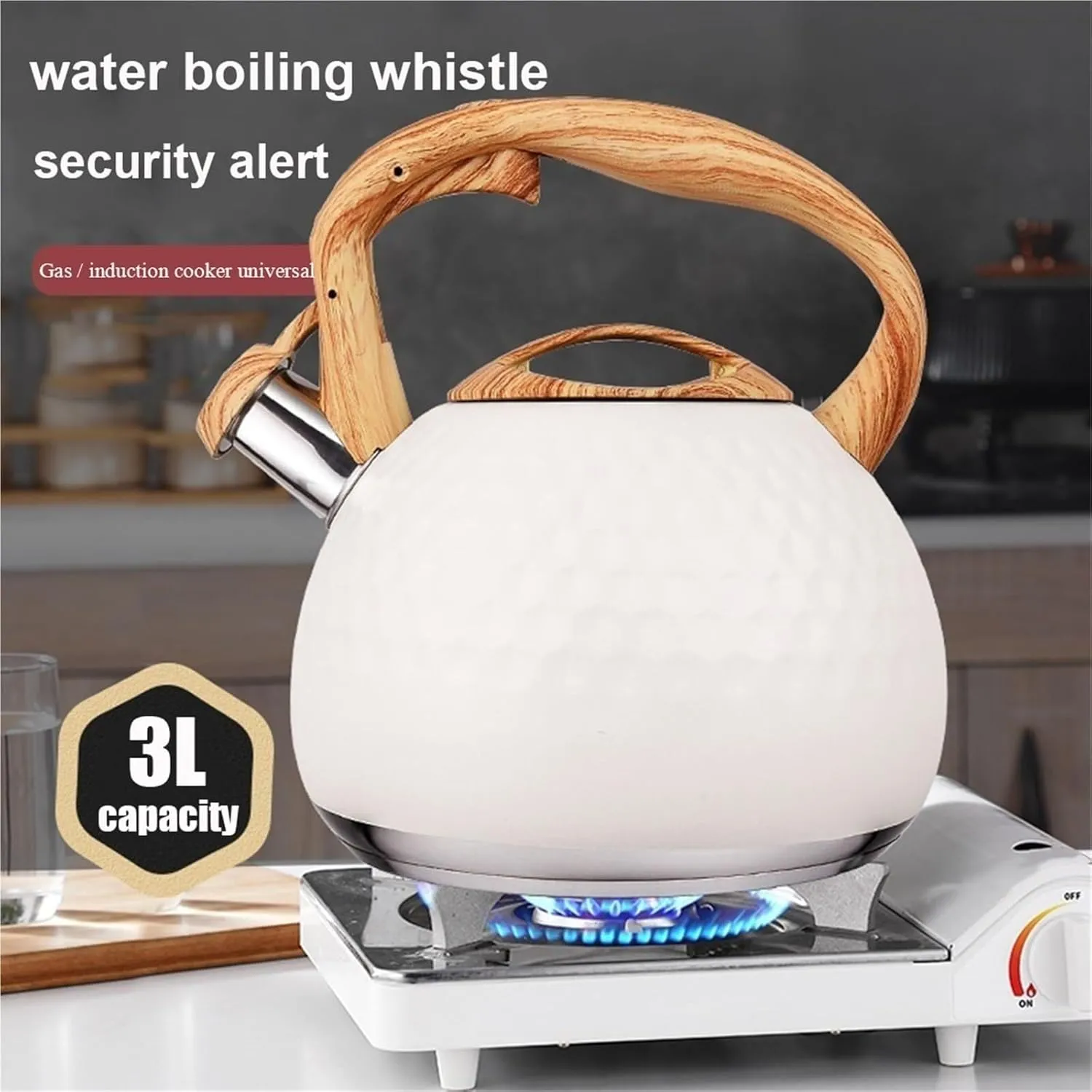 Camping Teapot, Stainless Steel Whistle Tea Pot for Induction Stove Top, Fast to Boil Water for Home Kitchen, with Wood Pattern Handle