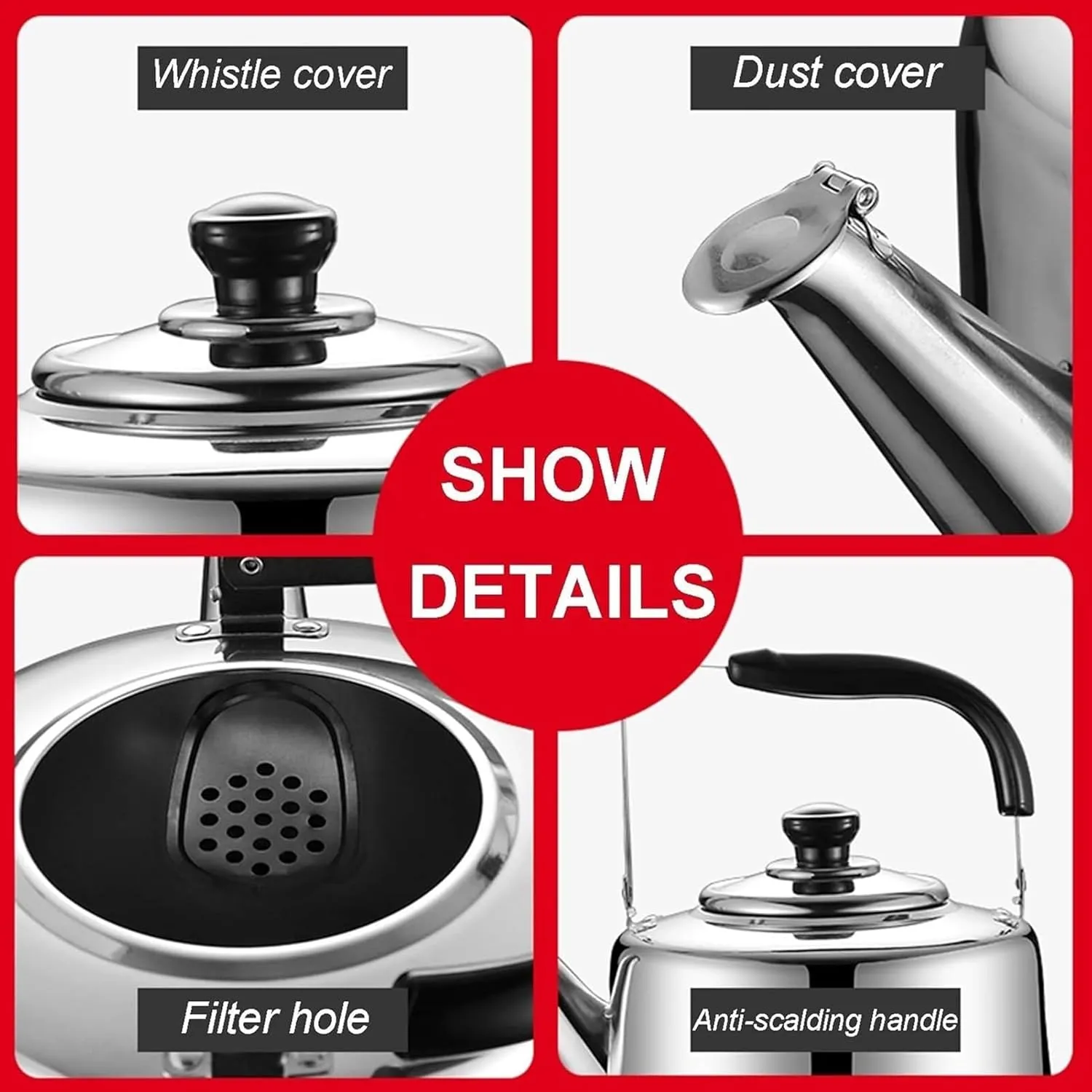 Camping Teapot, Stovetop Tea Kettle Whistling, Food Grade 304 Stainless Steel Teapot with Cool Touch Ergonomic Handle for Induction Gas Electric Halogen Stoves(5L)