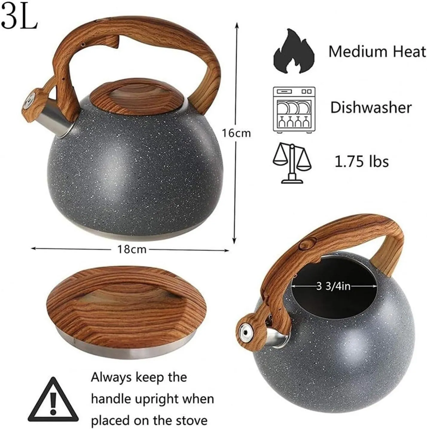 Camping Teapot, Tea Kettle Stovetop, Stainless Steel Whistling Teapot for All Stovetop with Heat-Insulation Wood Pattern Handle & Loud Whistle