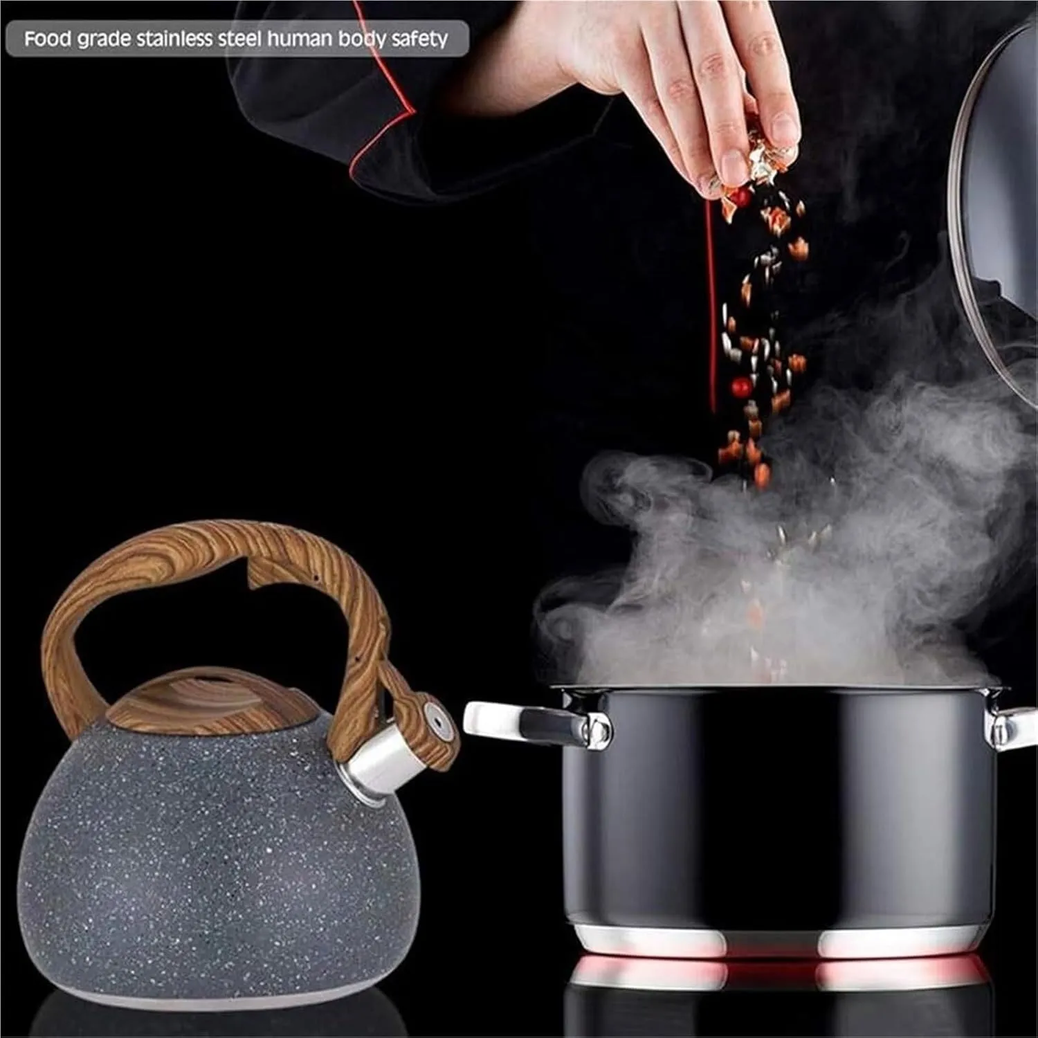 Camping Teapot, Tea Kettle Stovetop, Stainless Steel Whistling Teapot for All Stovetop with Heat-Insulation Wood Pattern Handle & Loud Whistle