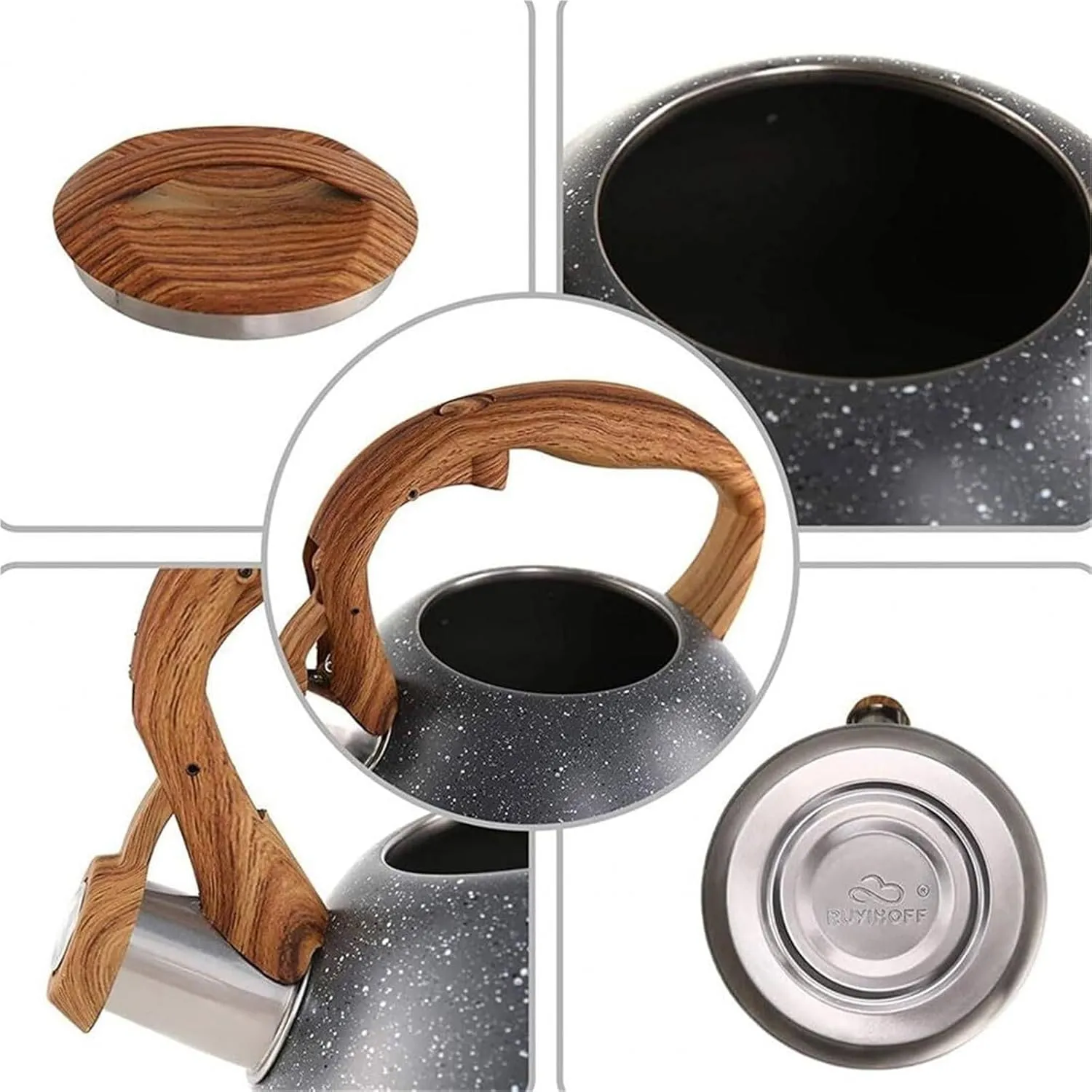 Camping Teapot, Tea Kettle Stovetop, Stainless Steel Whistling Teapot for All Stovetop with Heat-Insulation Wood Pattern Handle & Loud Whistle