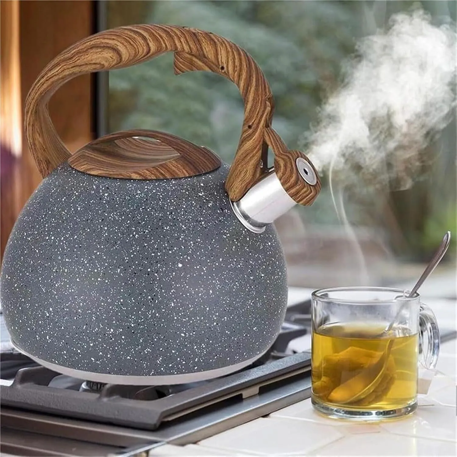 Camping Teapot, Tea Kettle Stovetop, Stainless Steel Whistling Teapot for All Stovetop with Heat-Insulation Wood Pattern Handle & Loud Whistle