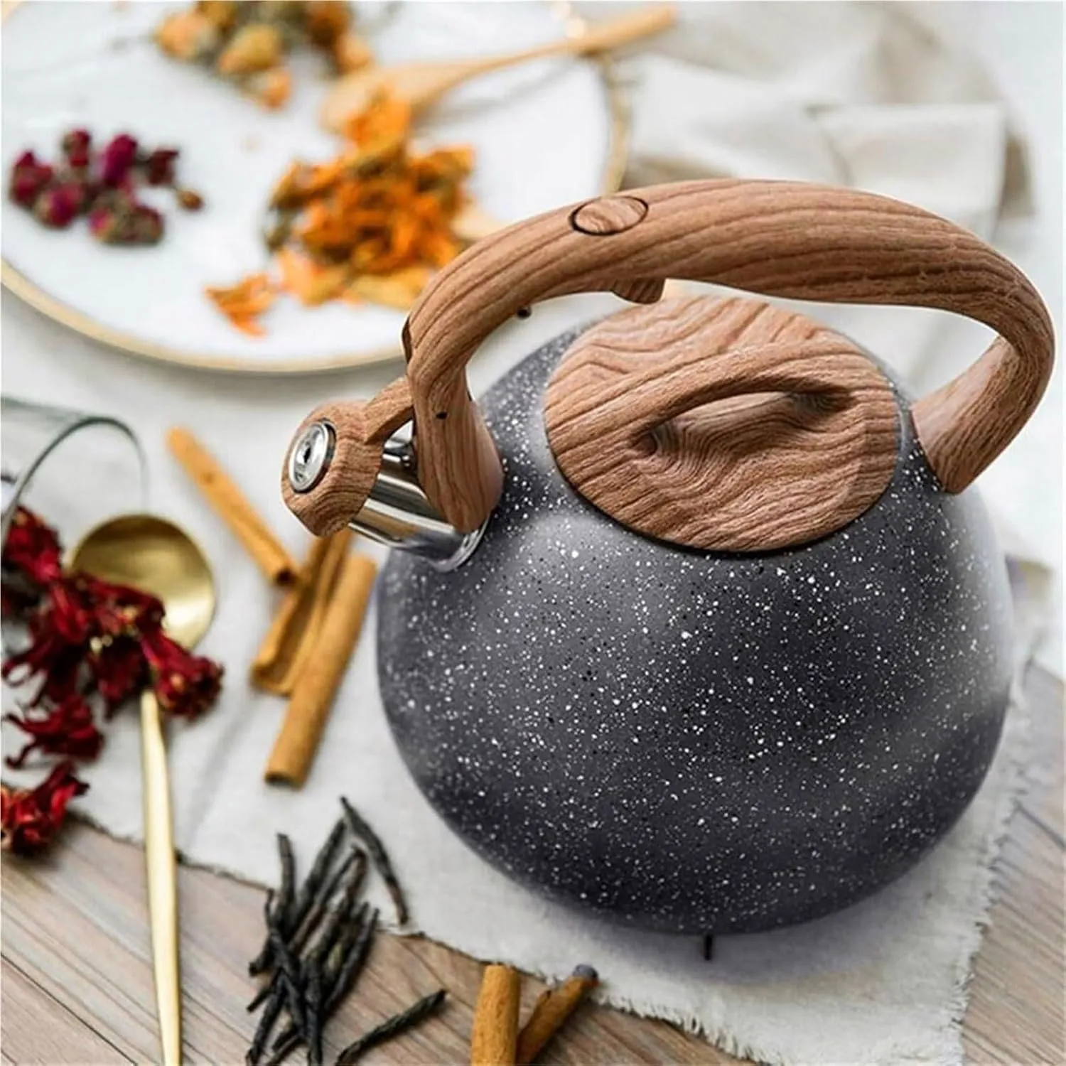 Camping Teapot, Tea Kettle Stovetop, Stainless Steel Whistling Teapot for All Stovetop with Heat-Insulation Wood Pattern Handle & Loud Whistle