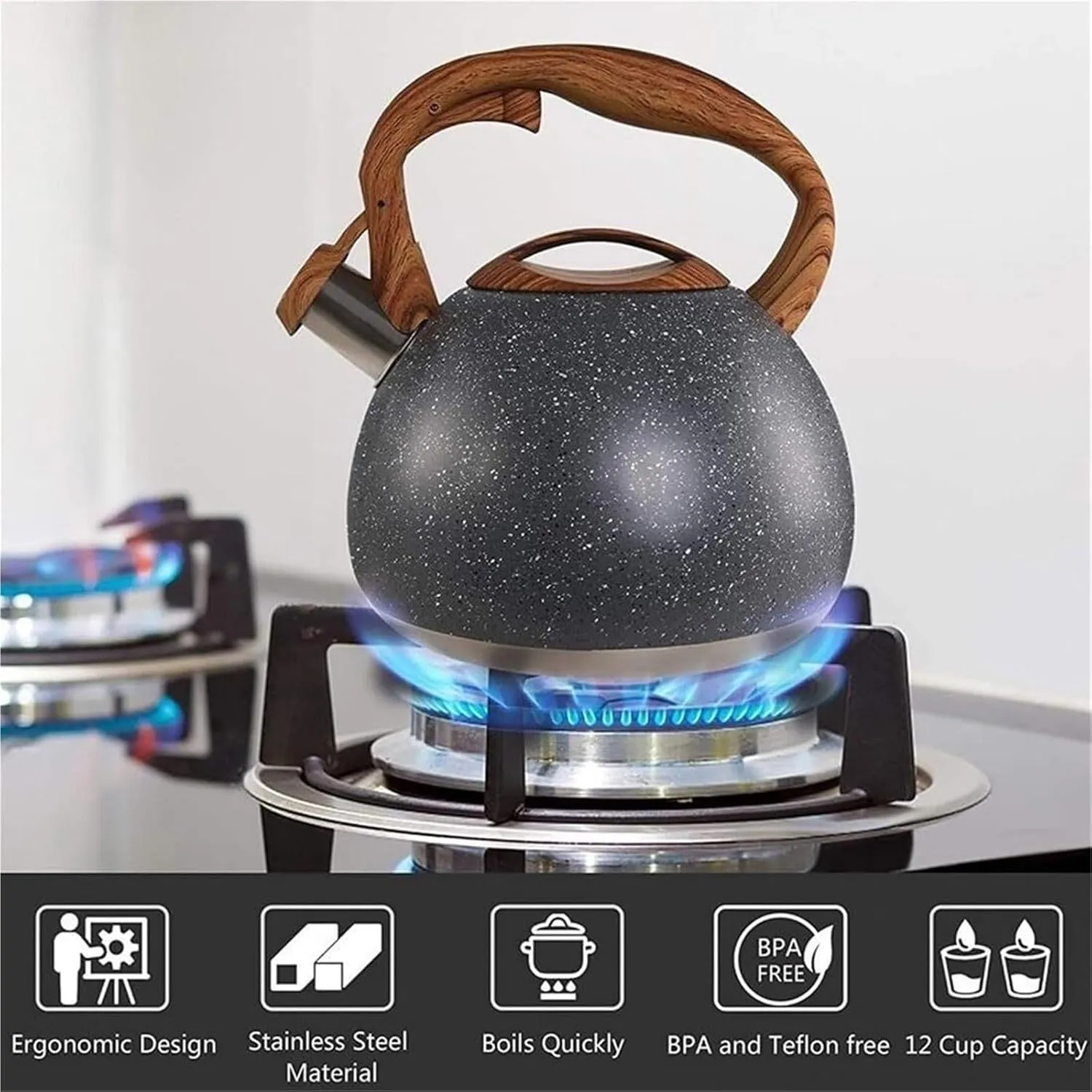 Camping Teapot, Tea Kettle Stovetop, Stainless Steel Whistling Teapot for All Stovetop with Heat-Insulation Wood Pattern Handle & Loud Whistle
