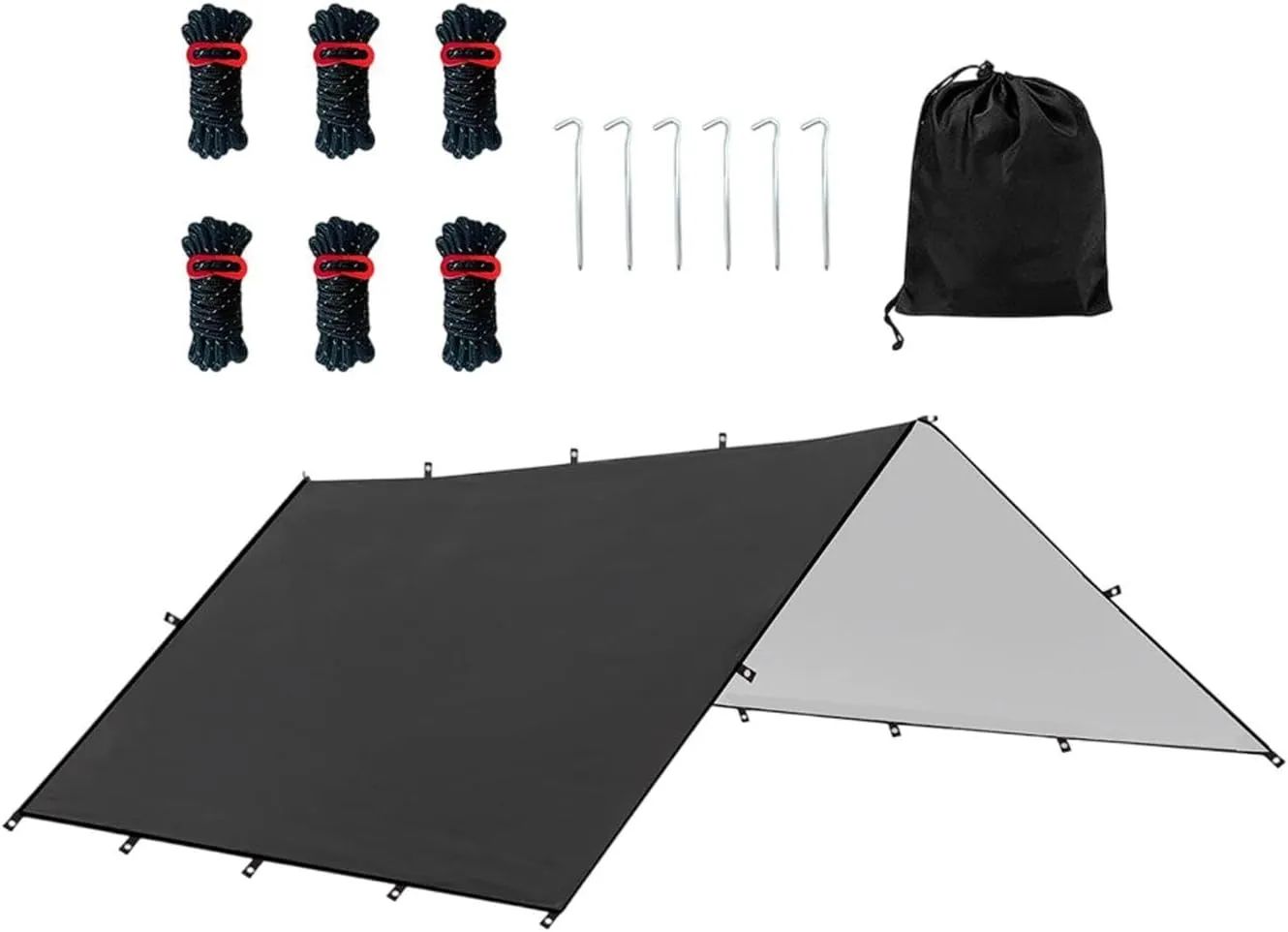 Camping Tent Tarp Multifunctional with 6 Stakes and 6 Ropes Foldable Sun Canopy Waterproof for Climbing Fishing Lightweight, Black L