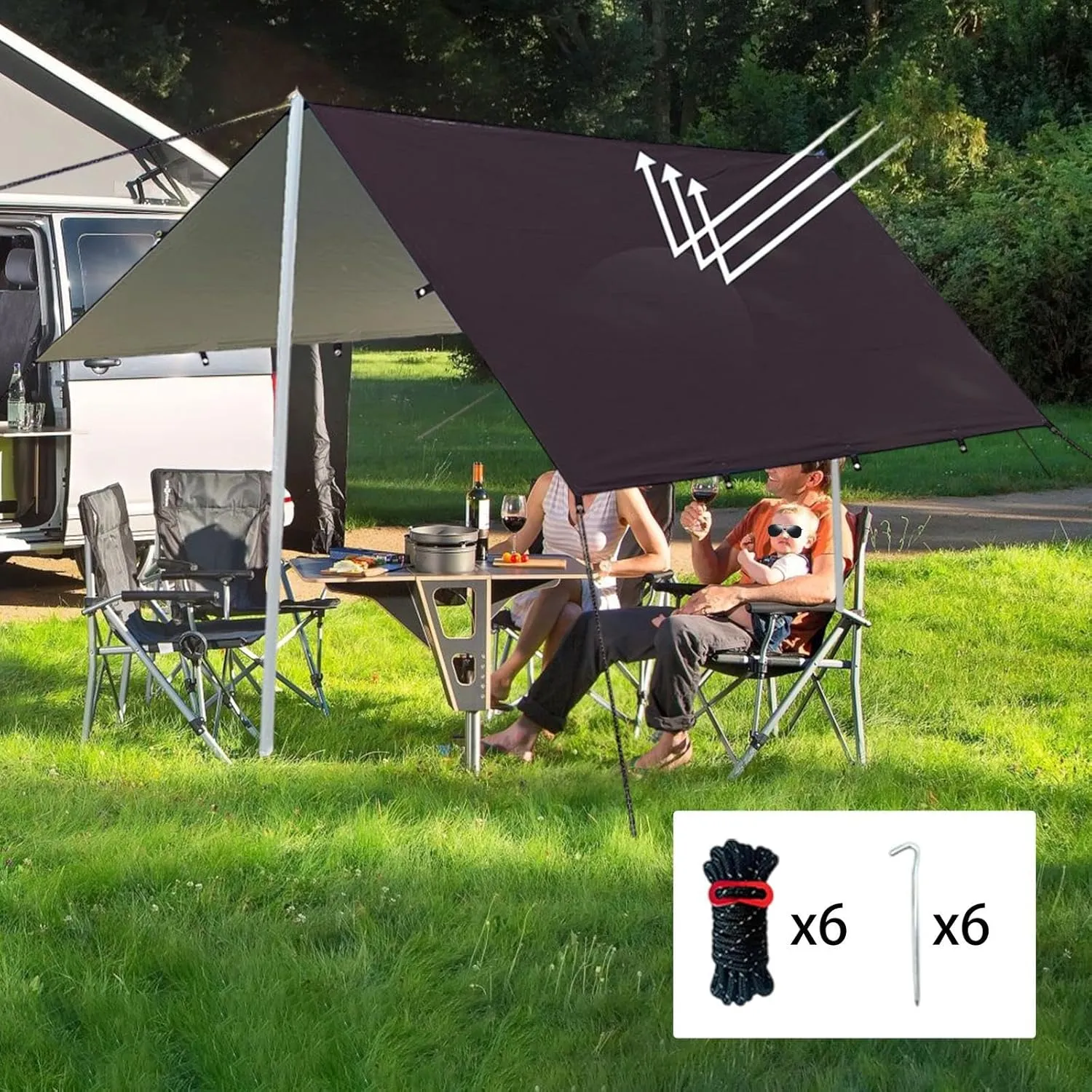 Camping Tent Tarp Multifunctional with 6 Stakes and 6 Ropes Foldable Sun Canopy Waterproof for Climbing Fishing Lightweight, Black L