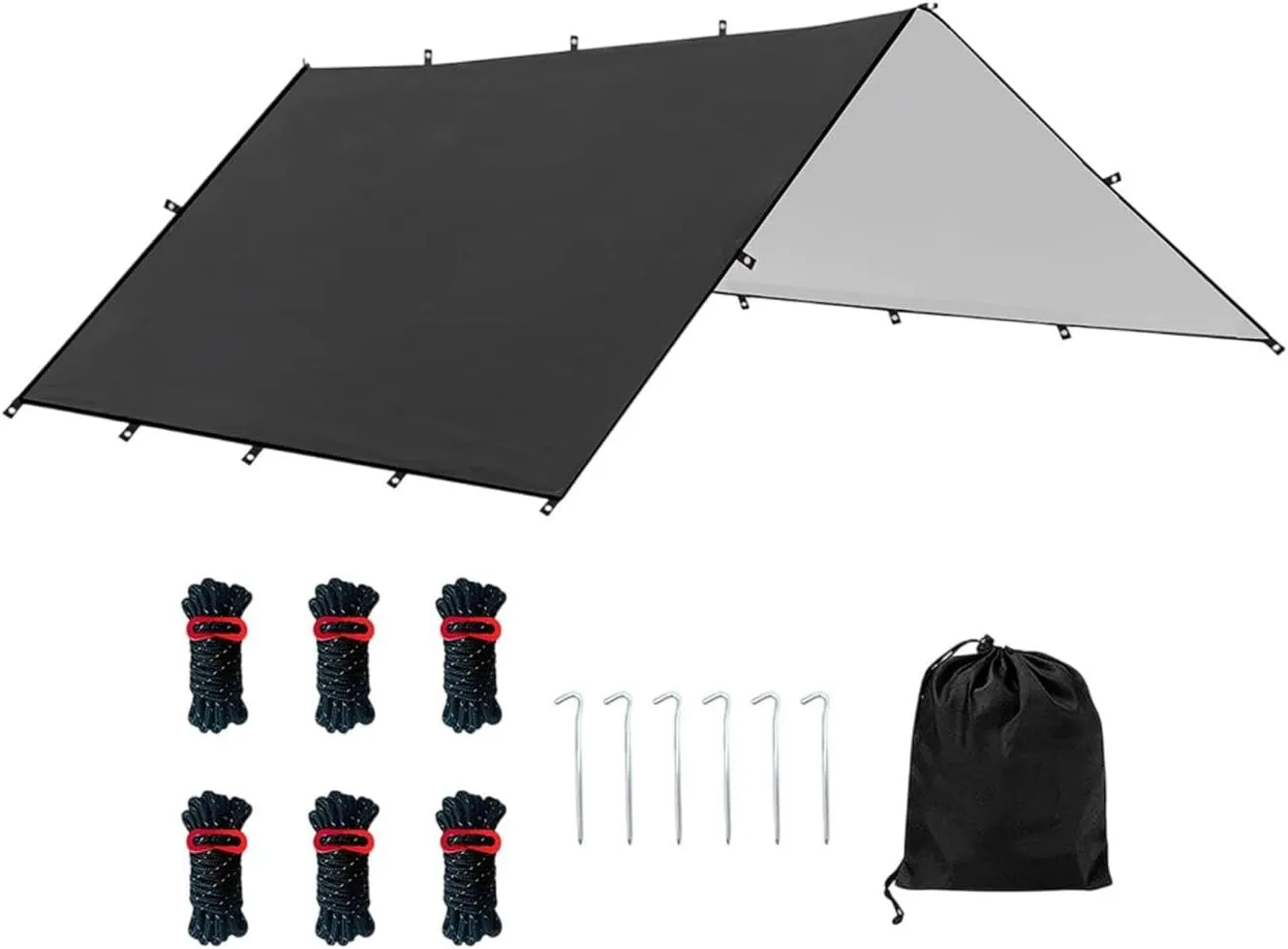 Camping Tent Tarp Multifunctional with 6 Stakes and 6 Ropes Foldable Sun Canopy Waterproof for Climbing Fishing Lightweight, Black L