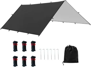 Camping Tent Tarp Multifunctional with 6 Stakes and 6 Ropes Foldable Sun Canopy Waterproof for Climbing Fishing Lightweight, Black L