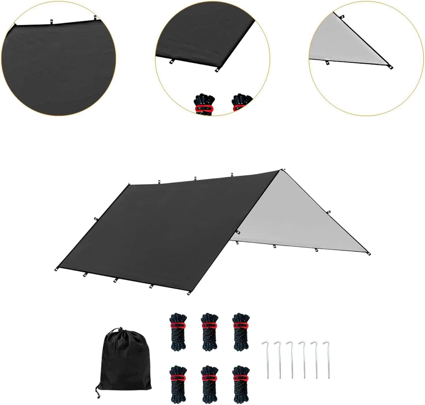 Camping Tent Tarp Multifunctional with 6 Stakes and 6 Ropes Foldable Sun Canopy Waterproof for Climbing Fishing Lightweight, Black L
