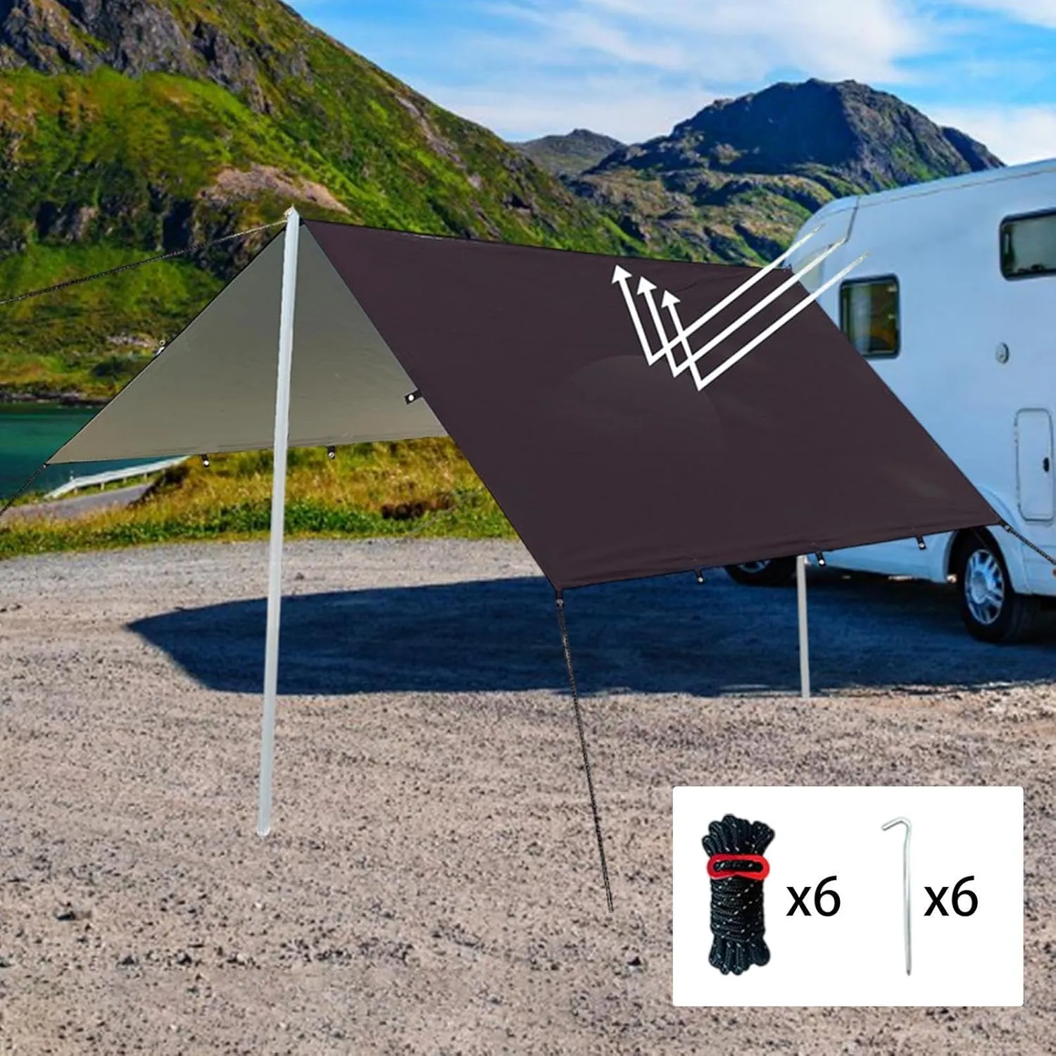 Camping Tent Tarp Multifunctional with 6 Stakes and 6 Ropes Foldable Sun Canopy Waterproof for Climbing Fishing Lightweight, Black L