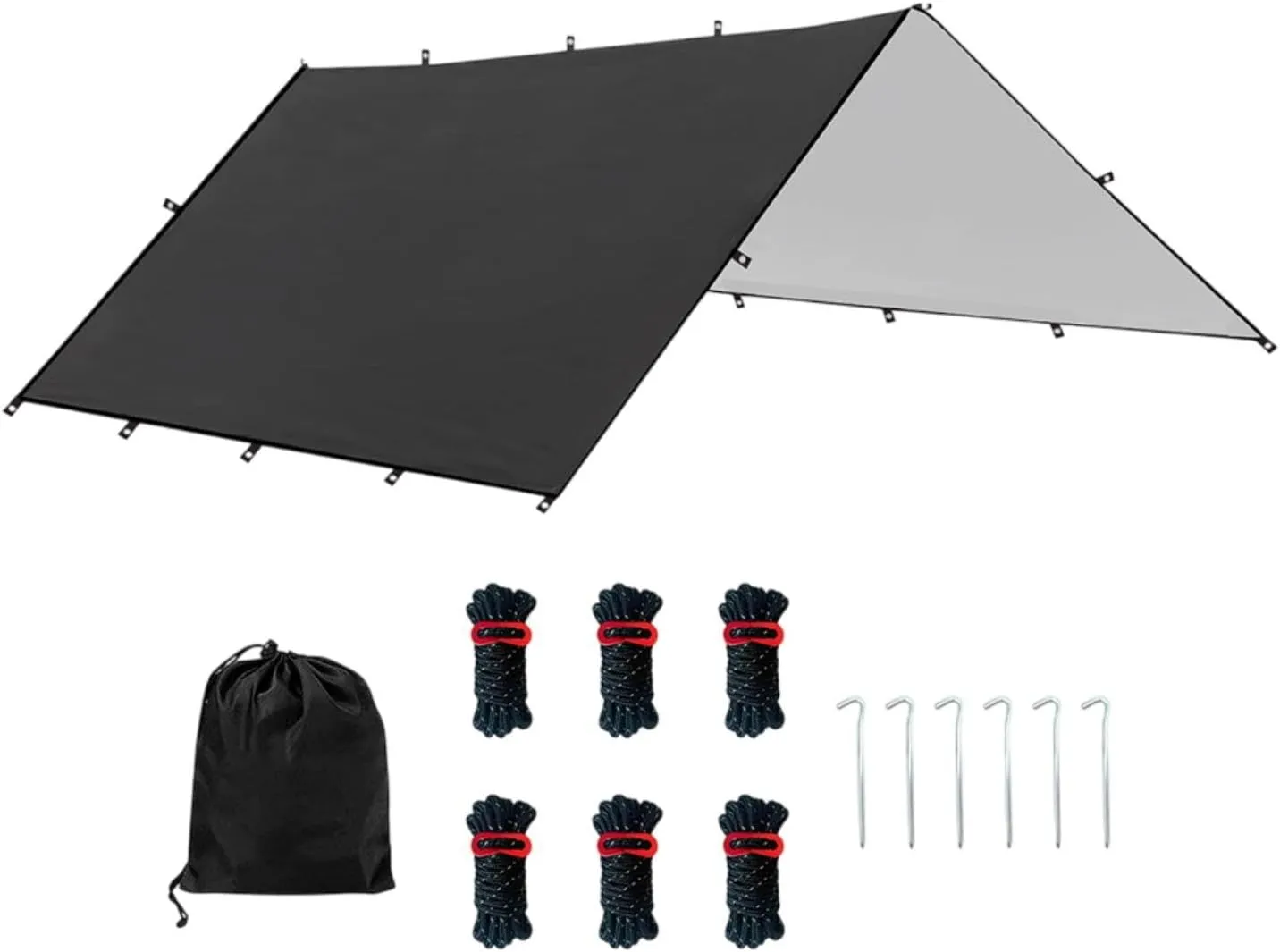 Camping Tent Tarp Versatile with 6 Stakes and 6 Ropes Foldable Sun Canopy Waterproof Lightweight, Black M
