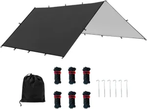 Camping Tent Tarp Versatile with 6 Stakes and 6 Ropes Foldable Sun Canopy Waterproof Lightweight, Black M