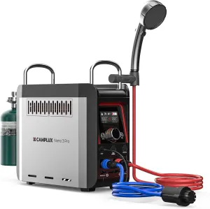 CAMPLUX Nano 3 Pro, Battery Powered Portable Water Heater, 1 lb On-Demand Propane Camping Shower, On Ground Camp Water Heater & Shower Pump