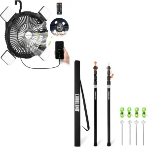 CAMULAND Camping Fan with Tent Poles Hanging with LED Light Lantern & Hook, Portable for Picnics, BBQ, Fishing, Travel, Camping Essentials Accessories