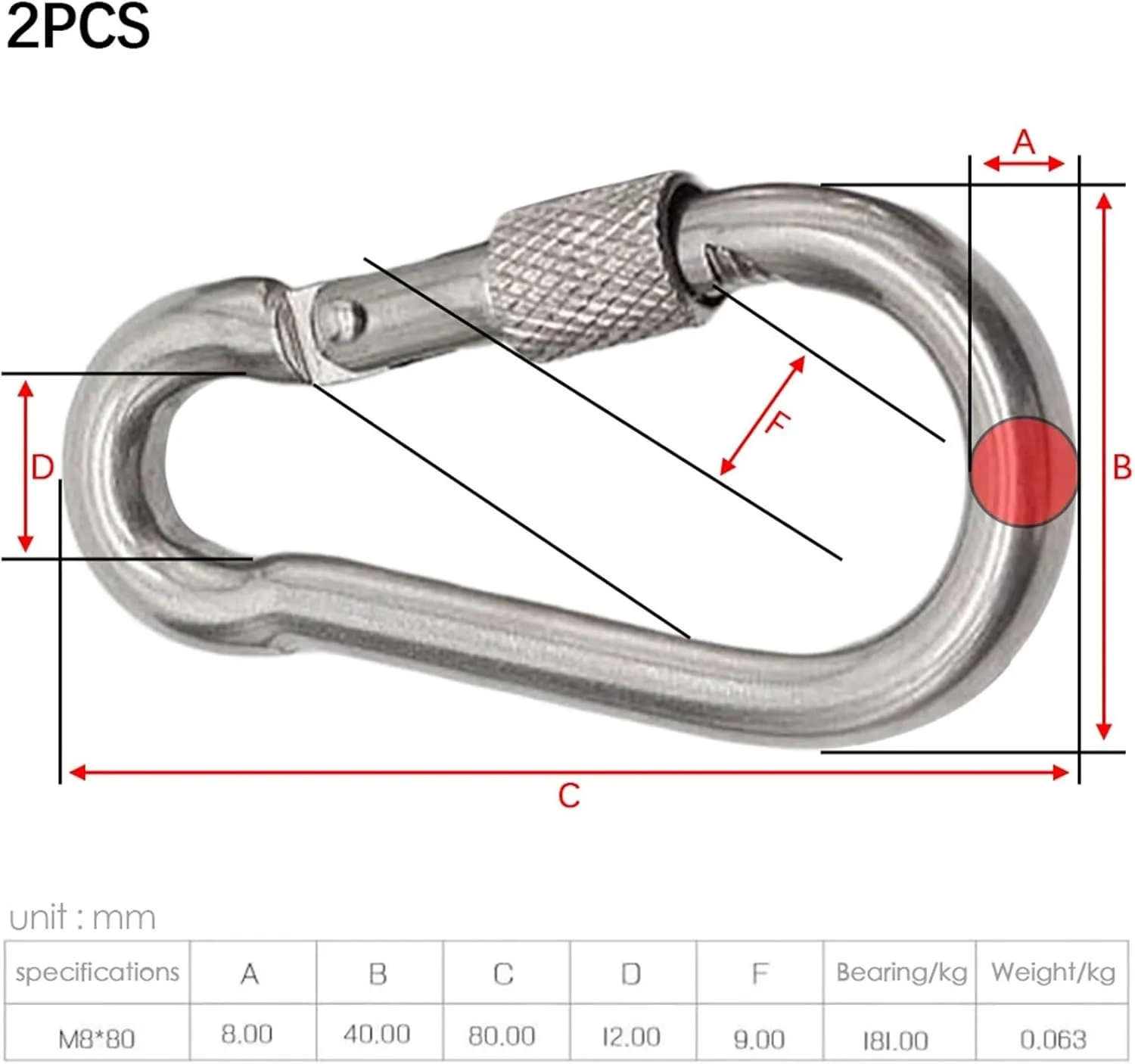 Carabiner Clips 2Pack M6//M7/M8 Stainless Steel Carabiner Screw Lock Link Hook Set D-Ring Carabiners(80x40x8mm)