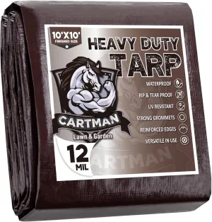 CARTMAN Finished Size 10x10 Feet Extra Thick 12 Mil Heavy Duty Poly Tarp, Multipurpose Protective Cover, UV Resistant, Waterproof Poly Tarpaulin with Reinforced Edges