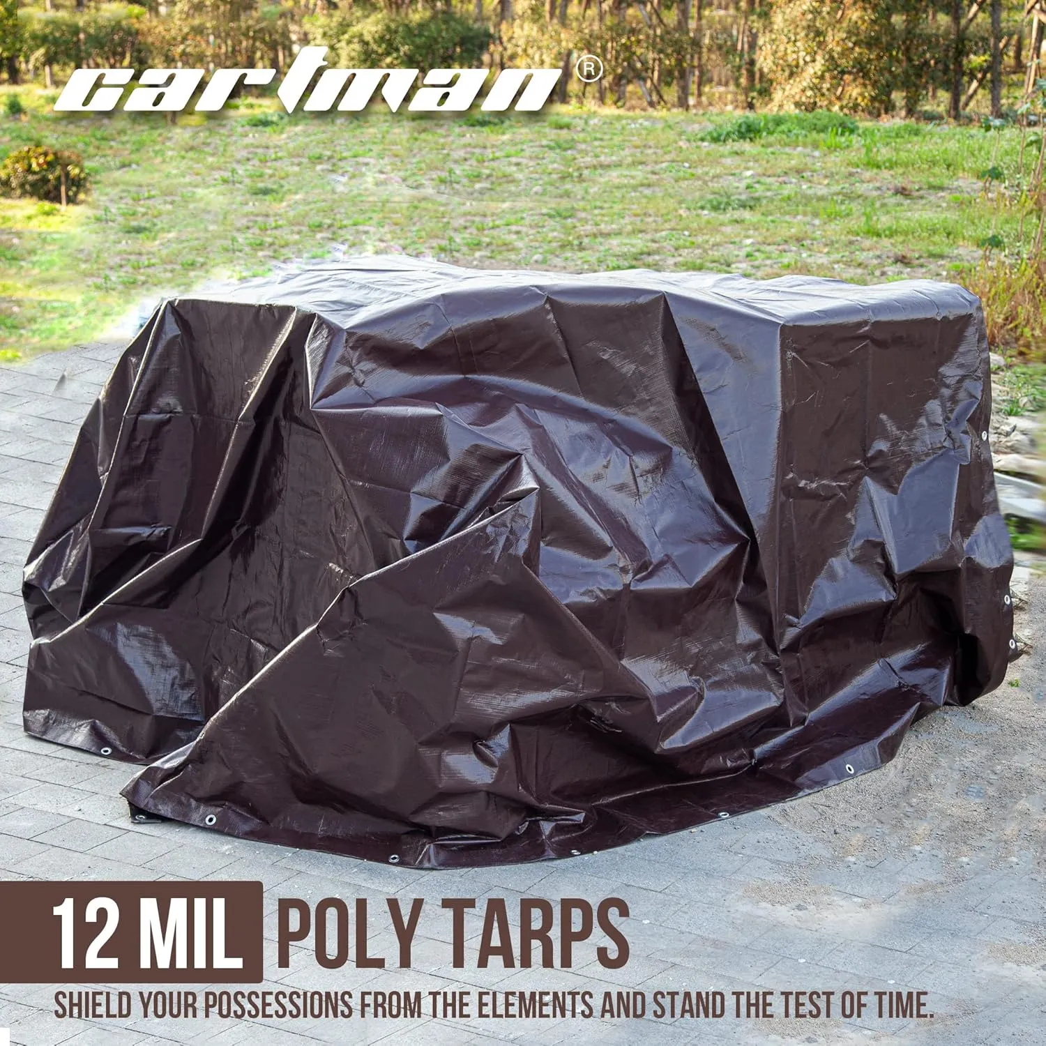 CARTMAN Finished Size 10x10 Feet Extra Thick 12 Mil Heavy Duty Poly Tarp, Multipurpose Protective Cover, UV Resistant, Waterproof Poly Tarpaulin with Reinforced Edges
