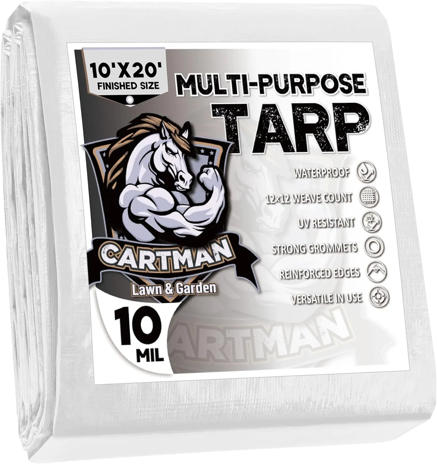 CARTMAN Finished Size 10x20 Feet 10 Mil White Heavy Duty Poly Tarp, Multipurpose Protective Cover, UV Resistant, Waterproof Poly Tarpaulin with Reinforced Edges Tarpaulin with Reinforced Edges