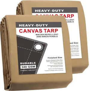 CARTMAN Finished Size 8x10 Feet Tan 2PK Canvas Tarp with Rustproof Grommets, Heavy Duty Multipurpose Tarpaulin Cover for Canopy Tent, Roof, Camping, Woodpile