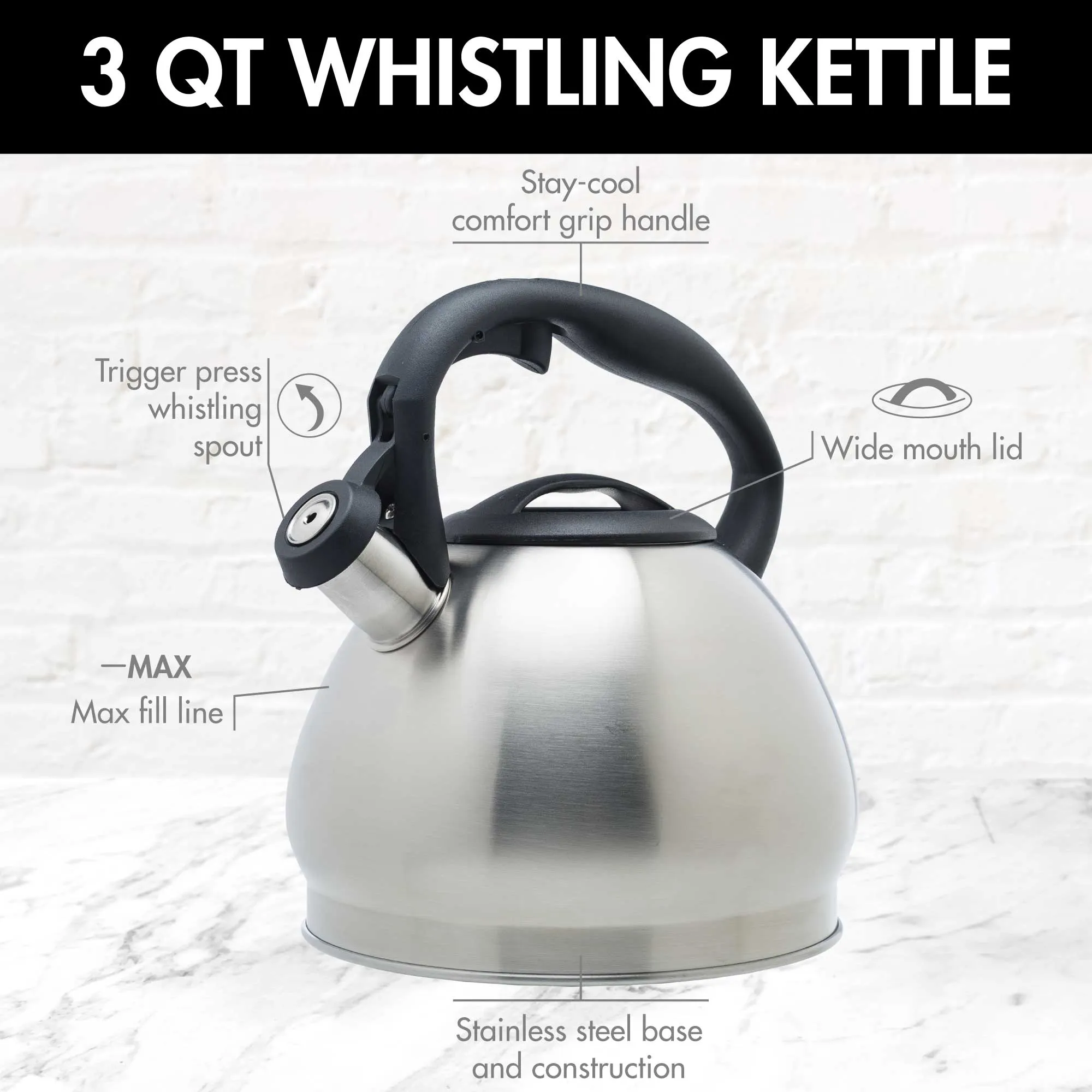 Cascade Whistling Kettle, 3 Qt, Flip-Up Spout, Fast Heating - Primula